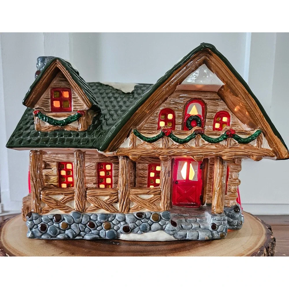 VTG 90's Welcome to Christmas in Vermont log lodge moosehead ceramic village